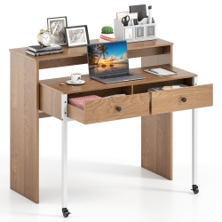 COSTWAY 39.5" Expandable Rolling Computer Desk With Monitor Shelf 2-Tier Desktop 2 Drawers Natural/brown/black