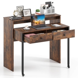 COSTWAY 39.5" Expandable Rolling Computer Desk With Monitor Shelf 2-Tier Desktop 2 Drawers Natural/brown/black