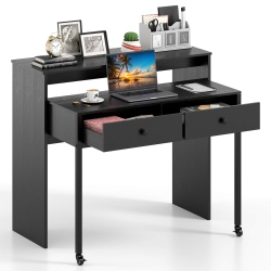 COSTWAY 39.5" Expandable Rolling Computer Desk With Monitor Shelf 2-Tier Desktop 2 Drawers Natural/brown/black