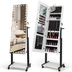 COSTWAY 3-Color 46 Led Lights Mirror Jewelry Cabinet Armoire Adjustable Height With Wheels