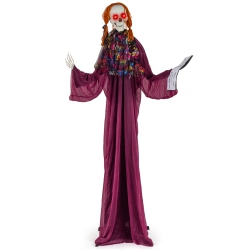 GYMAX 6 Ft Halloween Animatronic Standing Girl Holding Book Haunted House Decoration