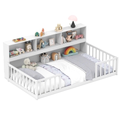 COSTWAY Twin/full Size Montessori Floor Bed With Bookcase Storage Shelves & Safety Fence Rails White/gray