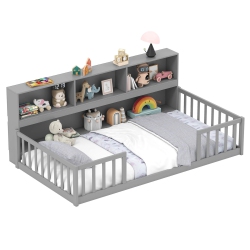 COSTWAY Twin/full Size Montessori Floor Bed With Bookcase Storage Shelves & Safety Fence Rails White/gray