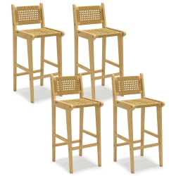 COSTWAY 1/2/4 PCs Patio Teak Wood Bar Stool Outdoor Bar Height Chair With Rattan Backrest & Seat