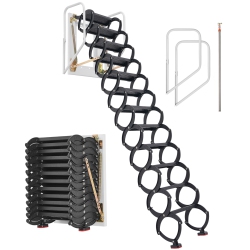 VEVOR 660Lbs/299.4Kg Capacity Attic Ladder Wall-Mounted, Fits 9.5 to 10 Ft Ceiling Height, 12-Step Steel Folding Stairs \w Handrails, Pull Down