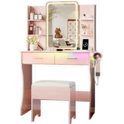 GENERIC Vanity Desk \w Led Lights Mirror & Power Outlet, Small Makeup Vanity Table Set \w Storage Drawers & Chair, 3 Lighting Modes & Adjustable