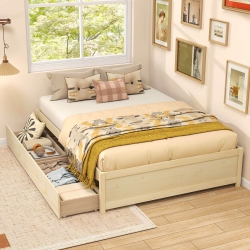 COSTWAY Full/queen Size Wooden Platform Bed With 2 Rolling Storage Drawers Wood Slat Support Natural/white