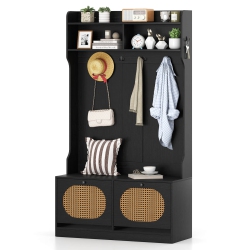 COSTWAY 4-In-1 Hall Tree Entryway Bench With Coat Rack & Flip Drawers 6 Dual-Hook Hangers Black/white/natural