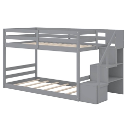 COSTWAY Twin Over Twin Low Bunk Bed Solid Wood Floor Bunk Bed Frame With Storage Stairs White/gray