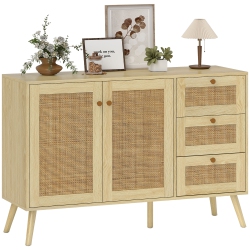 HOMCOM Rattan Sideboard Buffet Cabinet \w Soft-Close Doors, 47" Boho Coffee Bar Cabinet \w 3 Drawers And Adjustable Shelf, Kitchen Credenza \w 5