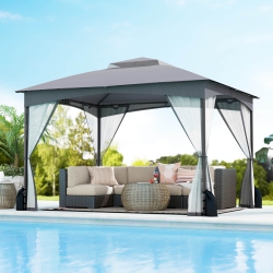 COSTWAY 10 X 10/12 Ft Patio Gazebo With Netting Walls 4 Sandbags Zippered Doors Outdoor Gray/beige