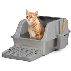 CAPHAUS Xl Enclosed Stainless Steel Cat Litter Box With Lid, Extra Large High Sided Metal Cat Litter Pan W/scoop