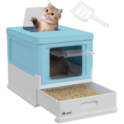 PAWHUT Cat Litter Box, Enclosed Foldable Kitty Litter Box With Scoop, Tray, Front & Top Entry, Large Space, Portable Design In Blue