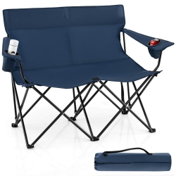 COSTWAY 2-Person Outdoor Folding Loveseat With Cup Holders Armrests Carrying Bag