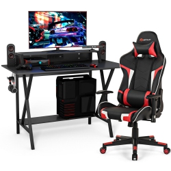 COSTWAY Goplus Gaming Computer Desk & Massage Gaming Chair Set W/monitor Shelf Power Strip In Red