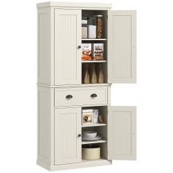 HOMCOM 72" Tall Kitchen Pantry Cabinet, Modern Buffet Storage Cabinet With 4 Beadboard Doors, Drawer And Adjustable Shelves, Cream In White