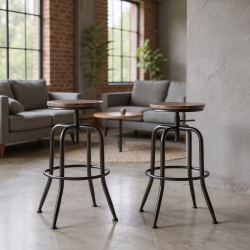 HOMY CASA Set Of 2 Industrial Bar Stools With Swivel Seats And Adjustable Height for Living Rooms, Home Bars And Kitchen Counters