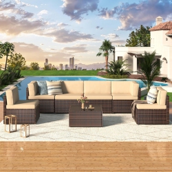 AECOJOY 7 Piece Outdoor Sectional Furniture Set With Cushions And Coffee Table, Patio Pe Rattan Wicker Sofa In Beige