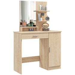 HOMCOM Vanity Desk \w Mirror, Makeup Vanity \w Drawer, Open Compartment And Shelves, 3-Tier Cabinet, Dressing Table \w Adjustable Shelves For
