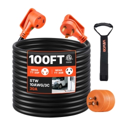 VEVOR 100 Ft Rv Extension Cord, 30 Amp, 125V 2500W Heavy Duty Stw 10/3 Gauge Wire, Nema Tt-30P Male Nema Tt-30R Female Plug, \w Led Power Indicator