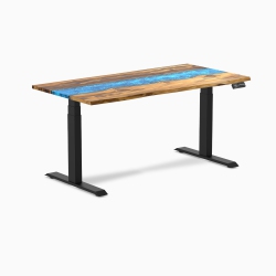 DESKY Teak River Sit-Stand Desk - 60" Desktop, Matte Black Frame, Dual Motor Lift, Up to 49.2 Inch, 308 Lb Capocity In Blue