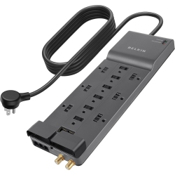 BELKIN 12-Outlet Power Strip Surge Protector With 10-Foot Cord And Telephone, Ethernet, Coaxial Protection, Be112234-10 In Black