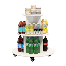 CC TRADING BRIDGE 3-Tier Rotating Display Cart, Multifuctional Mobile Stand With 360° Rotating Wheels for Drinks, Snacks, Cosmetics, Toys (Round)