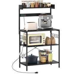 HOMCOM Kitchen Bakers Rack With Power Outlet, Microwave Stand, Coffee Bar With Adjustable Shelves, 5 Hooks for Spices, Pots And Pans, Distressed