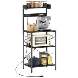 HOMCOM Kitchen Bakers Rack With Power Outlet, Microwave Stand, Coffee Bar With Adjustable Shelves, 5 Hooks for Spices, Pots And Pans, Distressed