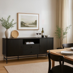 CORLIVING Hikari Engineered Wood Sideboard With Fluted Side Sliding Doors, 2 Drawers, And A Shelf In Black