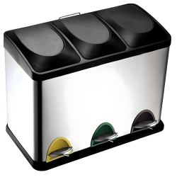 CC TRADING BRIDGE Triple Compartment Stainless Steel Recycling Bin \w Foot Pedals – 45L (3 X 15L) Step-On Trash Can for Kitchen, Home, And Office