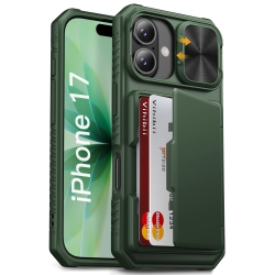 HLD Iphone 17 Case \w Card Holder (4 Cards) Rfid Blocking & Slide Camera Cover, Military Grade Drop Protection, Rugged Hard Back & Silicone Edge