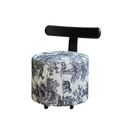 CC TRADING BRIDGE Modern Round Upholstered Vanity Stool With T-Shape Backrest, Vintage Animal Print Fabric, And 360° Swivel Caster Wheels – Black &
