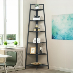 CAPHAUS Tall Corner Shelf Stand, 6-Tier Display Shelves, Ladder Corner Wood Storage Plant Bookshelf \w Metal Frame, Versatile Shelving Unit Bookcase