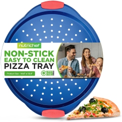 NUTRICHEF 14” Non Stick Pizza Pan, Blue Carbon Steel Bake Pan With Silicone Handles, Commercial Grade Restaurant Quality Metal Bakeware. In Red