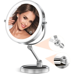 MYACUC 9" Large Lighted Makeup Mirror \w 1X/10X Magnification, Rechargeable Vanity Mirror \w Dimmable Light, 360° Swivel Double Sided Tabletop