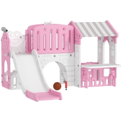 QABA 7-In-1 Toddler Slide With Playhouse, Kids Slide Climber Playset With Basketball Hoop And Tunnel for Age 1-4 Years Indoor Play In Pink