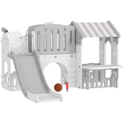 QABA 7-In-1 Toddler Slide With Playhouse, Kids Slide Climber Playset With Basketball Hoop And Tunnel for Age 1-4 Years Indoor Play In Grey