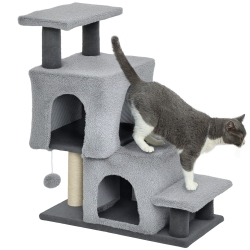 PAWHUT Adjustable Height Cat Stairs, 4-Step Pet Steps \w Scratching Posts, Cat Condo, Hanging Ball, Dog Stairs for Sofa And High Bed, for Kittens