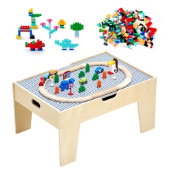 VEVOR Kids Ages 3+ Multi-Purpose Activity Play Table, 290 Building Bricks And 30-Piece Wooden Train Set Railway, Vehicles, Tracks And Accessories