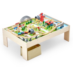 VEVOR 3-In-1 Train Table, 120 Multicolor Pieces Wooden Kids Activity Table \w Collapsible Storage Bin, Wooden Train Set for Gaming, Drawing, Reading