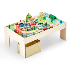 VEVOR 3-In-1 Kids Ages 3+Train Table, 84 Multicolor Pieces Wooden Kids Activity Table \w Collapsible Storage Bin, Wooden Train Set for Gaming