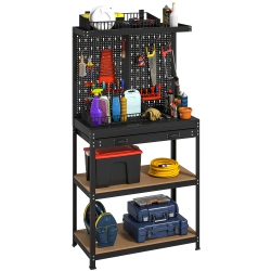 HOMCOM Workbench \w Pegboard, Heavy Duty Steel Work Bench, 31.5" X 16" Workstation \w 14PCs Hanging Kits, 2 Lower Shelves And Large Drawer For