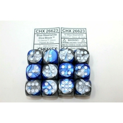 LION RAMPANT Chessex Blue-Steel/white 12 Gemini 16MM Pipped D6 Dice Chx 26623