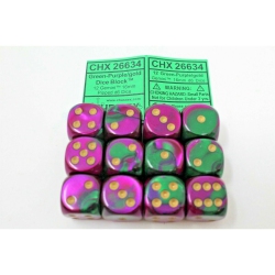 LION RAMPANT Chessex Green-Purple/gold 12 Gemini 16MM Pipped D6 Dice Chx 26634