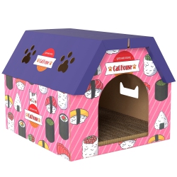 PAWHUT Cat Scratcher House, 2-In-1 Cardboard Cat Scratching Pad With Door, 4 Paw-Shaped Vents And Grass for Indoor In Pink