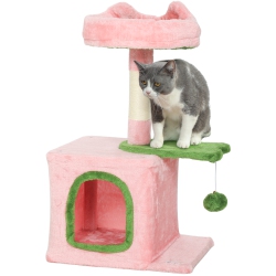 PAWHUT Cat Tree, 28" Cat Tower for Indoor Kittens With Plush Top Bed, Cozy Condo, Sisal Scratching Post, Perch, Dangling Ball, Pink And In Green