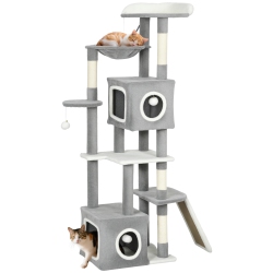 PAWHUT Cat Tree for Indoor Large Adult Cats, 65 Inch Kitty Tower Multi-Level \w 2 Doors Condos, Plush Top Perch, Hammock, Sisal Scratching Posts, 4