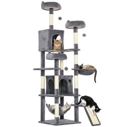 PAWHUT Cat Tree, 76 Inches Large Multi-Level Cat Tower for Indoor Kittens \w 8 Scratching Posts, 3 Plush Beds, 2 Hammocks, 2 Large Condos, Ramp