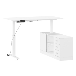 FAMAPY Modern L-Shaped Height Adjustable Corner Desk \w Storage Cabinet, Electric Single-Motor Sit Stand Desk \w Drawers & Shelves (63" L X 55.1" W